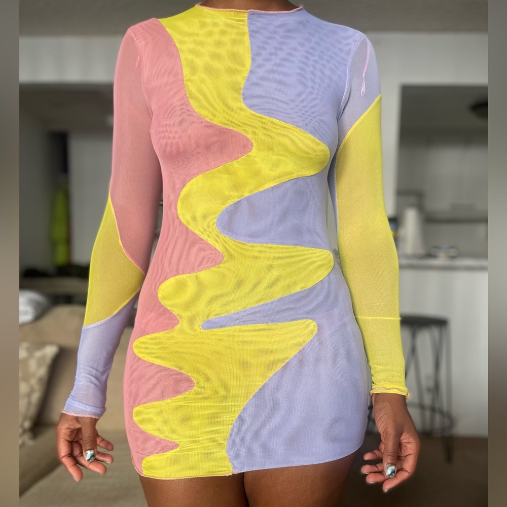 Yellow and lavender pattern mini dress